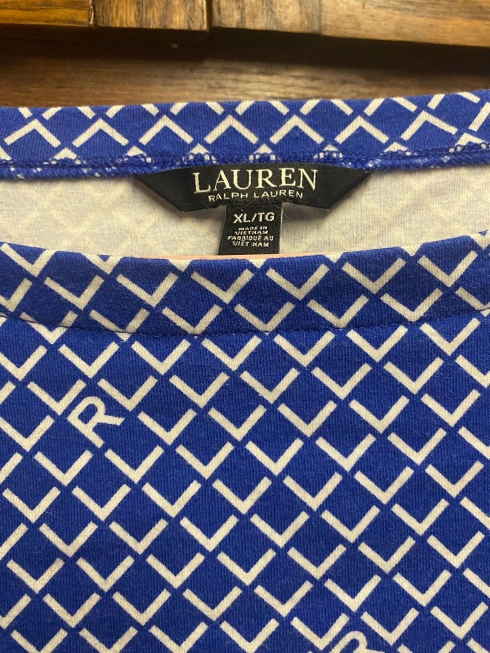 XL Lauren Ralph Lauren Royal Blue & White Geometric Crew Neck Top